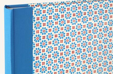 Photo album, cyan linen spine, geometrically patterned cover, stylized flowers, blue, red pril flowers